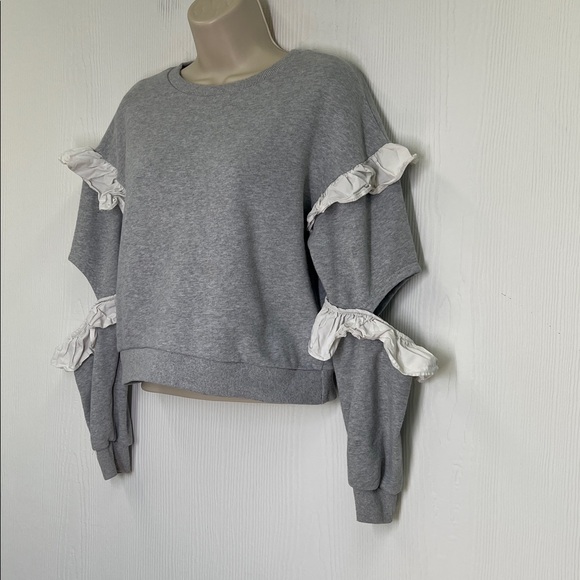 English Factory - Crewneck White Ruffle Open Elbow Grey Lightweight Sweatshirt S - Picture 5 of 9